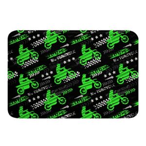 Motorcycle Racing Kids Bath Mats,Motorbike Extreme Sports Games Mats Rugs for Girls Boys Adults,Race Flag Black White Bath Carpets,Green Bright Bath Rugs,Absorbent Floor Mats,20Wx32L Inches