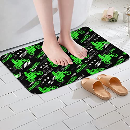 Motorcycle Racing Kids Bath Mats,Motorbike Extreme Sports Games Mats Rugs for Girls Boys Adults,Race Flag Black White Bath Carpets,Green Bright Bath Rugs,Absorbent Floor Mats,20Wx32L Inches