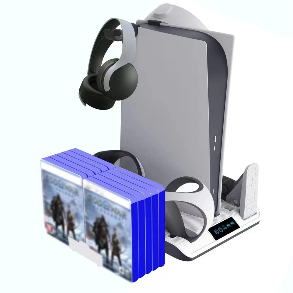 Charging Dock Stand for PS VR2 & for PS5 Controller,Dual Controller Charger Station Base Cooling Stand with Charging Indicator Light & 10 Game Discs Slots