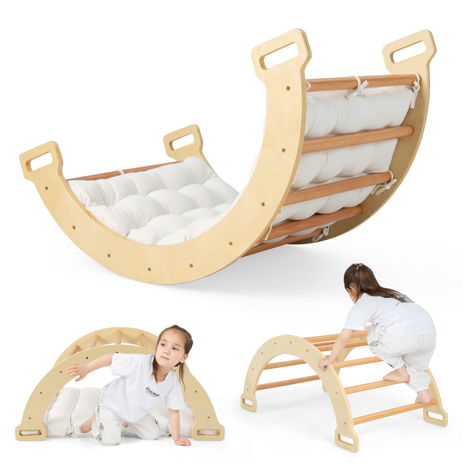 Costzon Wooden Arch Rocker with Cushion, 3-in-1 Montessori Climbing Toys for Toddlers, Children Indoor Outdoor Playground Climbing Gym Learning Playset, Arch Climber Ladder for Kids Gift Presents