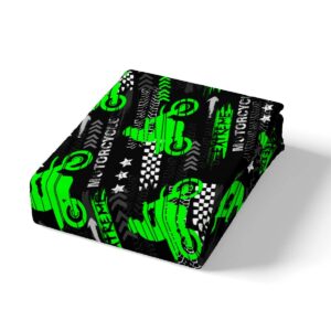 Motorcycle Racing Kids Fitted Sheet Queen Size,Motorbike Extreme Sports Games Bedding Set,Girls Boys Adults Room Decor,Race Flag Black White Bed Cover,Green Bright Bed Sheet,2 Pillowcases