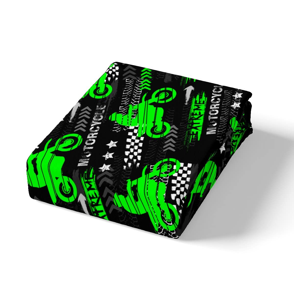 Motorcycle Racing Kids Fitted Sheet Queen Size,Motorbike Extreme Sports Games Bedding Set,Girls Boys Adults Room Decor,Race Flag Black White Bed Cover,Green Bright Bed Sheet,2 Pillowcases