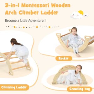 Costzon Wooden Arch Rocker with Cushion, 3-in-1 Montessori Climbing Toys for Toddlers, Children Indoor Outdoor Playground Climbing Gym Learning Playset, Arch Climber Ladder for Kids Gift Presents