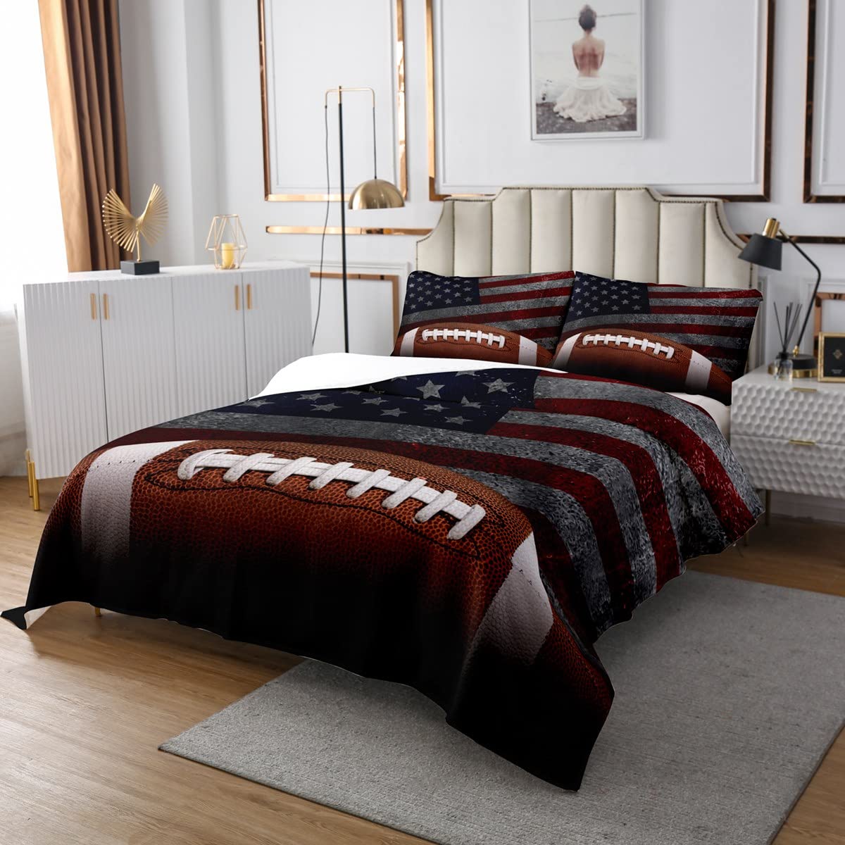 American Football Bedspread Twin Size for Kids Boys Men Room Decor Retro Style Star Stripes USA Flag Comforter Set 3D Rugby Ball Sports Bedding Set 2pcs Brown Black Quilt Set,1 Pillowcase