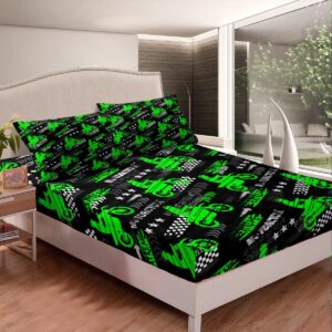 Motorcycle Racing Kids Fitted Sheet Queen Size,Motorbike Extreme Sports Games Bedding Set,Girls Boys Adults Room Decor,Race Flag Black White Bed Cover,Green Bright Bed Sheet,2 Pillowcases