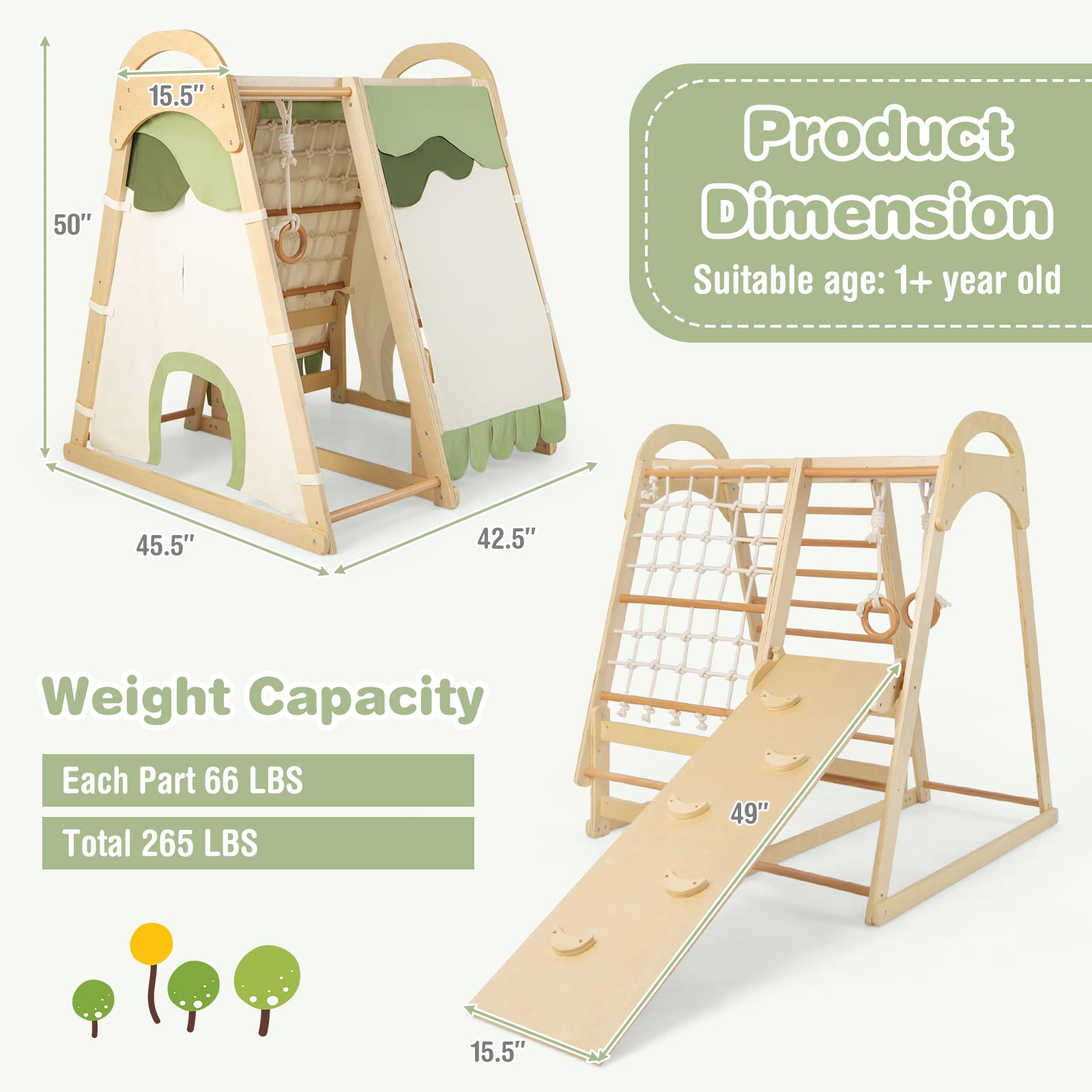 HONEY JOY Kids Indoor Playground, Jungle Gym Playset w/Climbing Rock Ramp, Slide, Rope Climber & Ladder, Monkey Bars, Rings, Removable Tent, Wooden Montessori Climbing Toys for Toddlers Boys Girls 1+