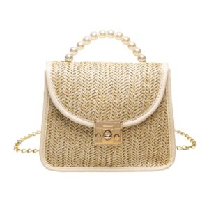 straw purses for women, summer beach straw bag hand-woven crossbody bag small pearl top handle satchel handbag for travel vacation (white)