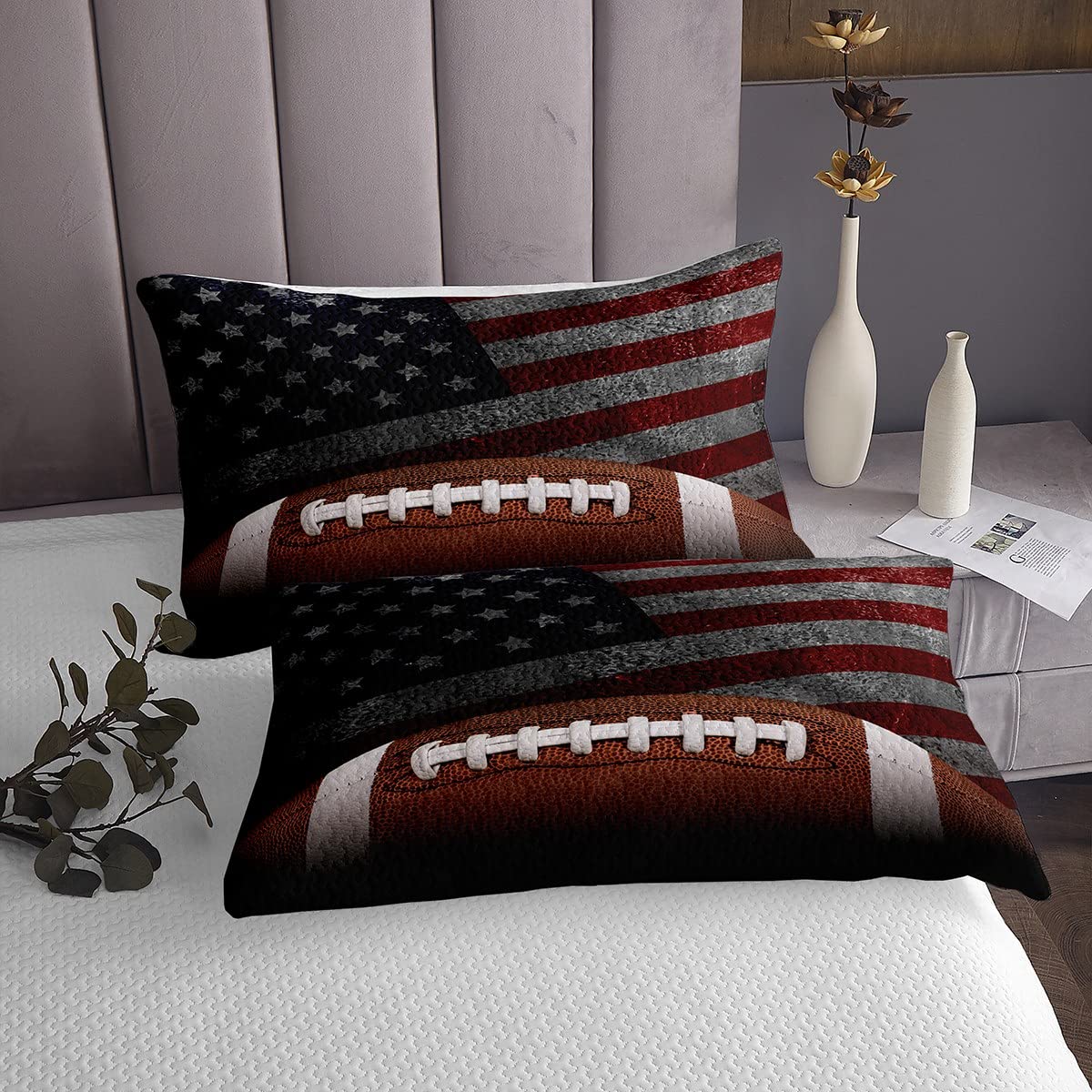 American Football Bedspread Twin Size for Kids Boys Men Room Decor Retro Style Star Stripes USA Flag Comforter Set 3D Rugby Ball Sports Bedding Set 2pcs Brown Black Quilt Set,1 Pillowcase