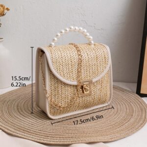 Straw Purses for Women, Summer Beach Straw Bag Hand-woven Crossbody Bag Small Pearl Top Handle Satchel Handbag for Travel Vacation (White)