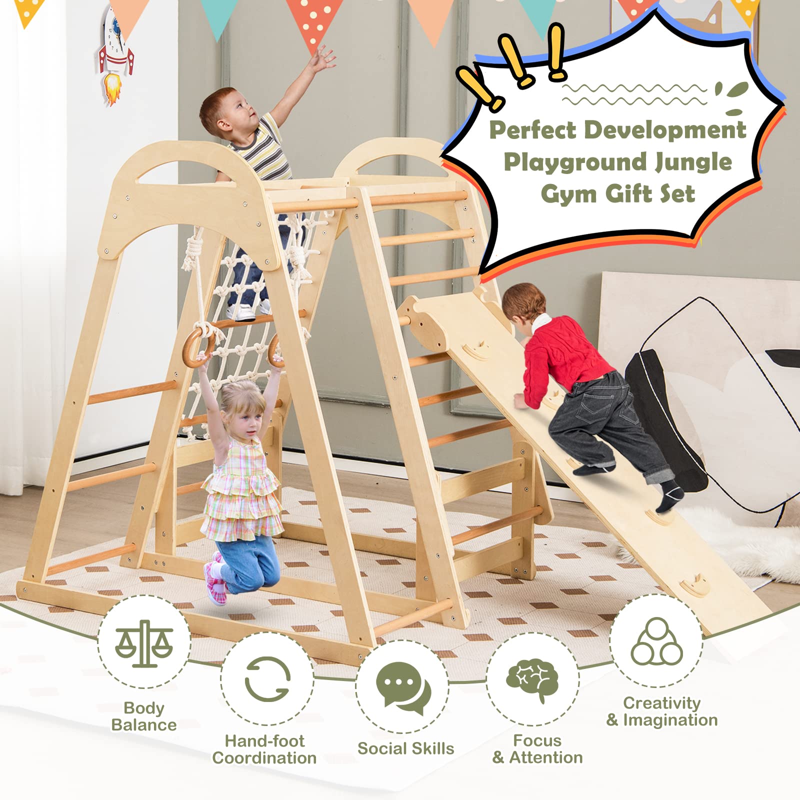 Costzon Indoor Jungle Gym, 7-in-1 Montessori Climbing Toys for Toddlers with Slide, Climbing Net, Gymnastic Rings, Indoor Wooden Playground Climber Playset for Kids 3+ Years Birthday