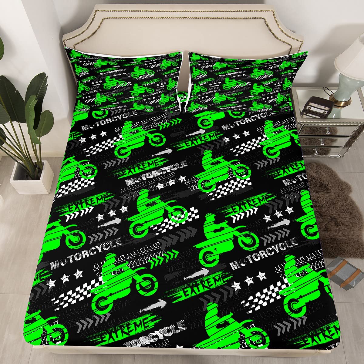 Motorcycle Racing Kids Fitted Sheet Queen Size,Motorbike Extreme Sports Games Bedding Set,Girls Boys Adults Room Decor,Race Flag Black White Bed Cover,Green Bright Bed Sheet,2 Pillowcases