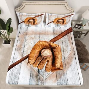 baseball kids bedding set twin size rustic farmhouse wooden board fitted sheet 2pcs baseball bat vintage deep pocket sheet for boys men youth room decor ball sports theme bed sheet,1 pillowcase