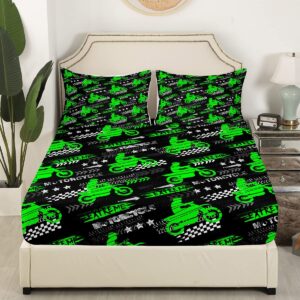 motorcycle racing kids fitted sheet queen size,motorbike extreme sports games bedding set,girls boys adults room decor,race flag black white bed cover,green bright bed sheet,2 pillowcases