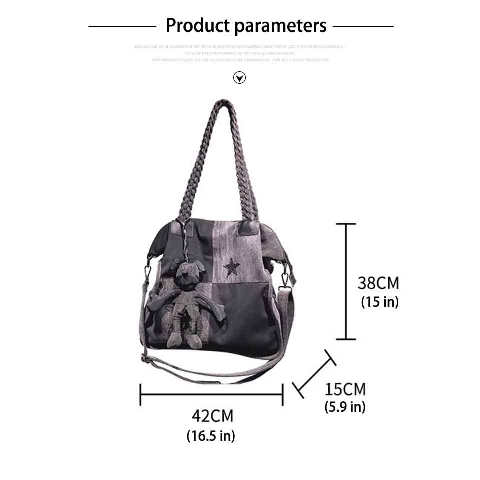 Large capacity women's canvas bag Women's shoulder bag Simple retro messenger bag with cute accessories (Mesh cloth)