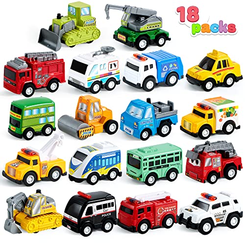 JOYIN 18 Pcs Pull Back Cars Set and 18 Pcs Soft Rubber Toy Car Set, Mini Toy Vehicles，Car for Toddlers, Party Favors for Kids