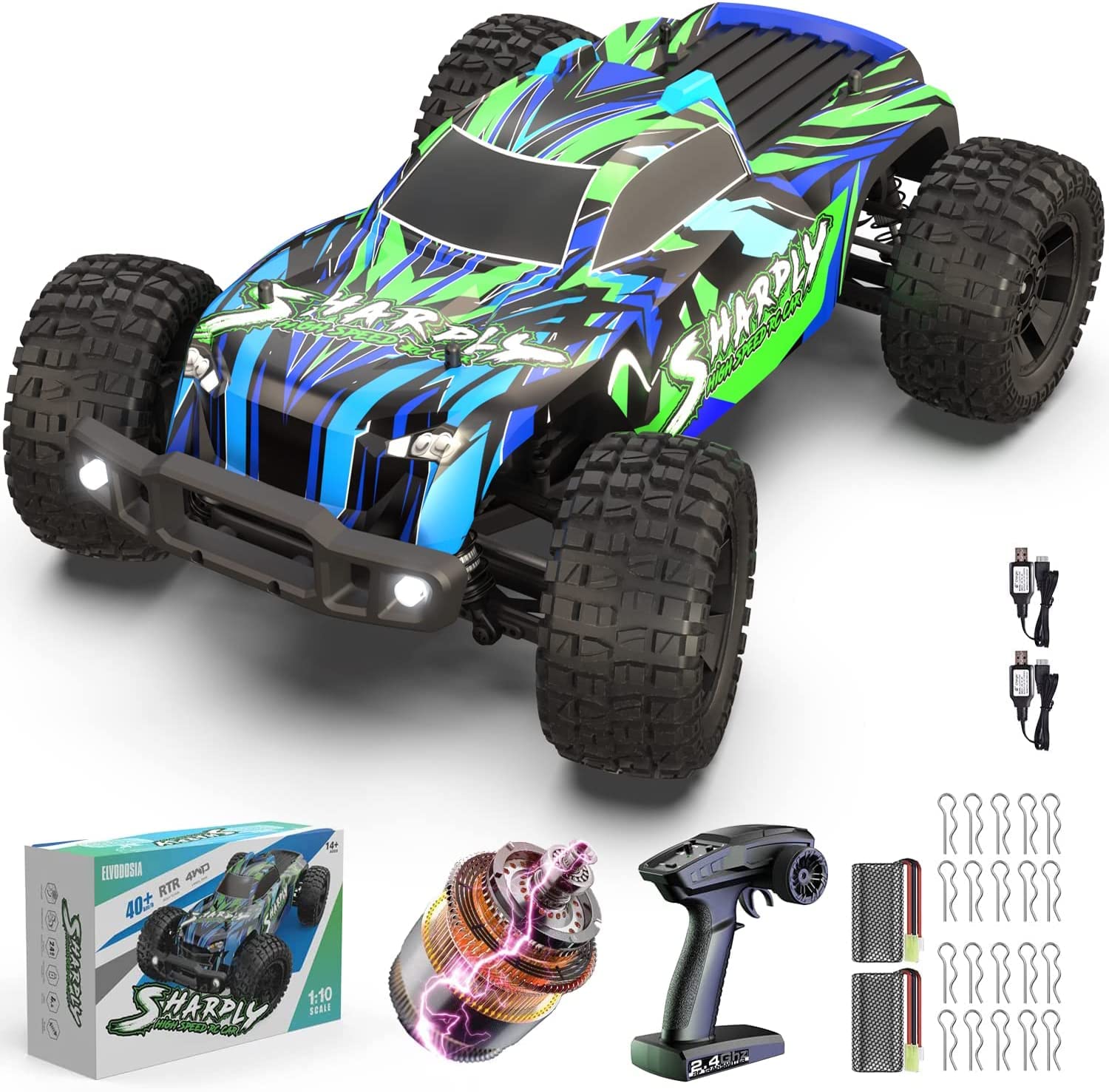 Elvodosia Rc Remote Control Cars Trucks, 1/10 Scale Hobby 4x4 Offroad Cars for Adults[30+ KMH][Double Batteries+Charger][2.4 Ghz Controller],Monster Rc Cars Toys for Adult,Kid Boy Age 8-12