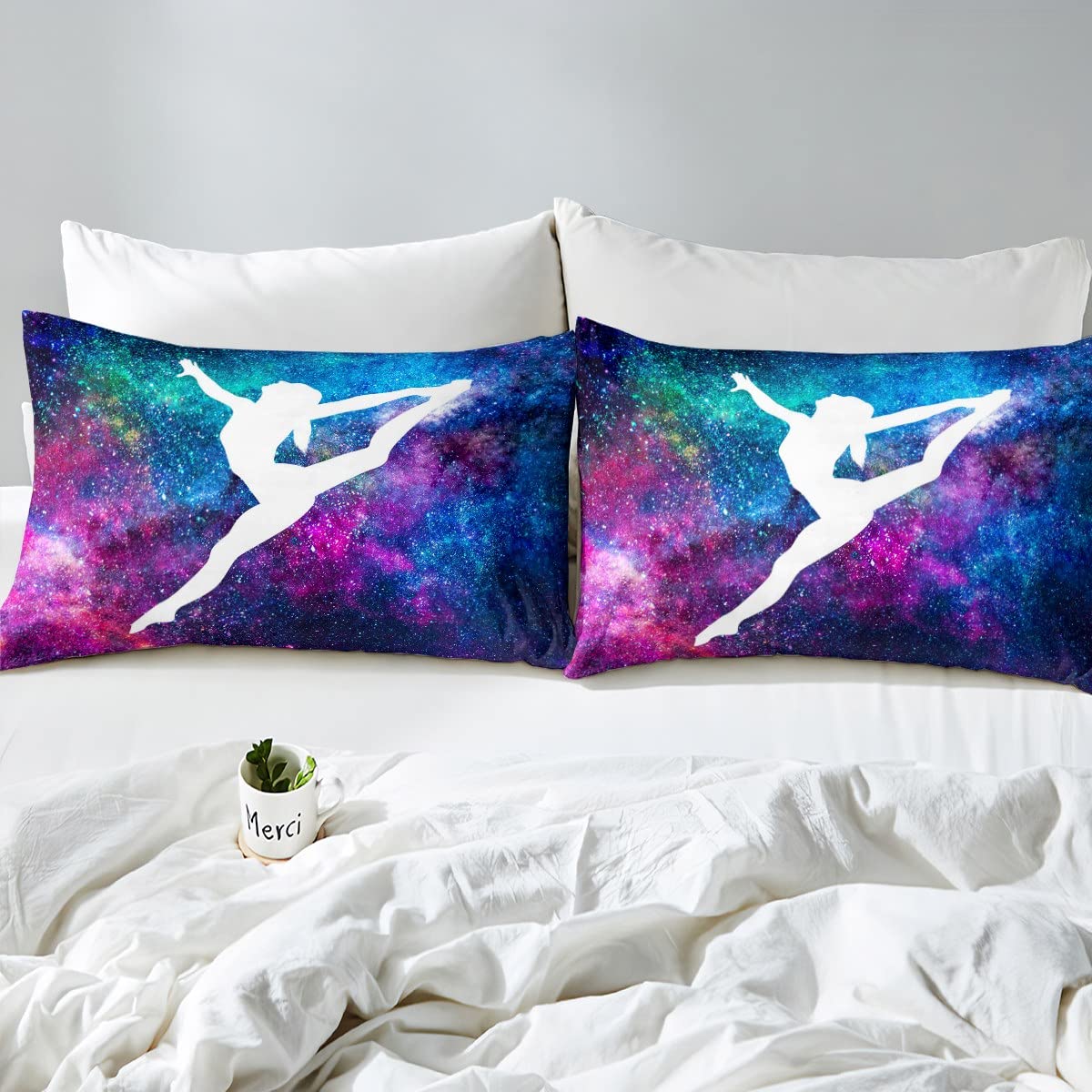 Erosebridal Gymnastic Bed Sheet 3 Pieces, Gymnast Lovers Sheet Set Galaxy Starry Sky Fitted Sheet Funny Dancer Silhouette Top Sheet + 1 Pillow Case Gymnast Gifts for Girls Teens Women, Twin Size