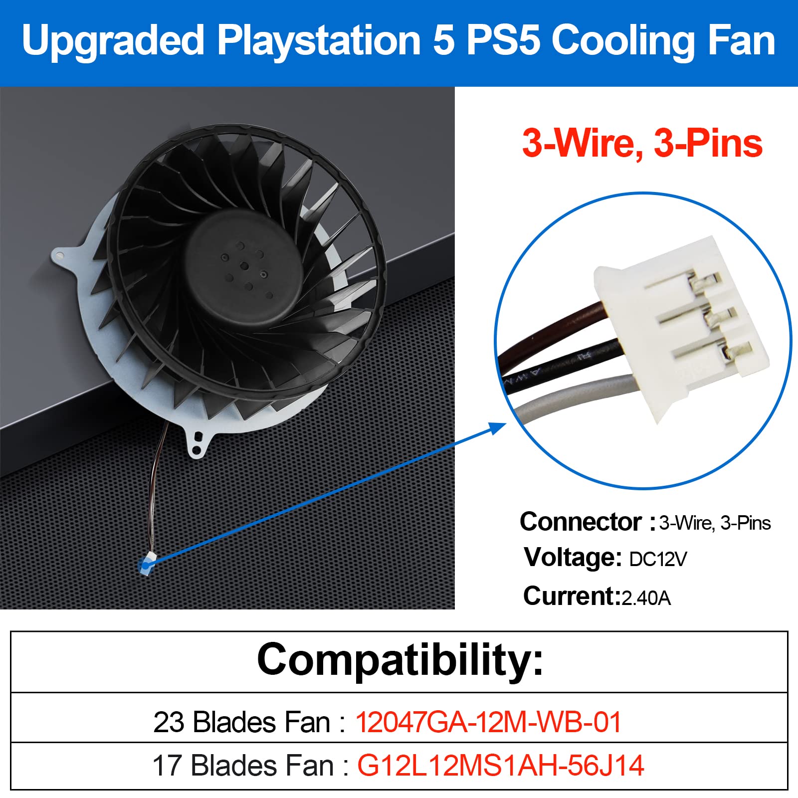 ARLBA Replacement of Internal Cooling Fan for Sony PlayStation 5 PS5 Game Console Fan 12047GA-12M-WB-01 23 Blades Fan General 17 Blades G12L12MS1AH-56J14 Cooler Fan 12V 2.4A with Screwdriver