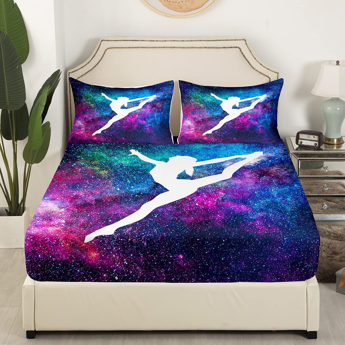 Erosebridal Gymnastic Bed Sheet 3 Pieces, Gymnast Lovers Sheet Set Galaxy Starry Sky Fitted Sheet Funny Dancer Silhouette Top Sheet + 1 Pillow Case Gymnast Gifts for Girls Teens Women, Twin Size