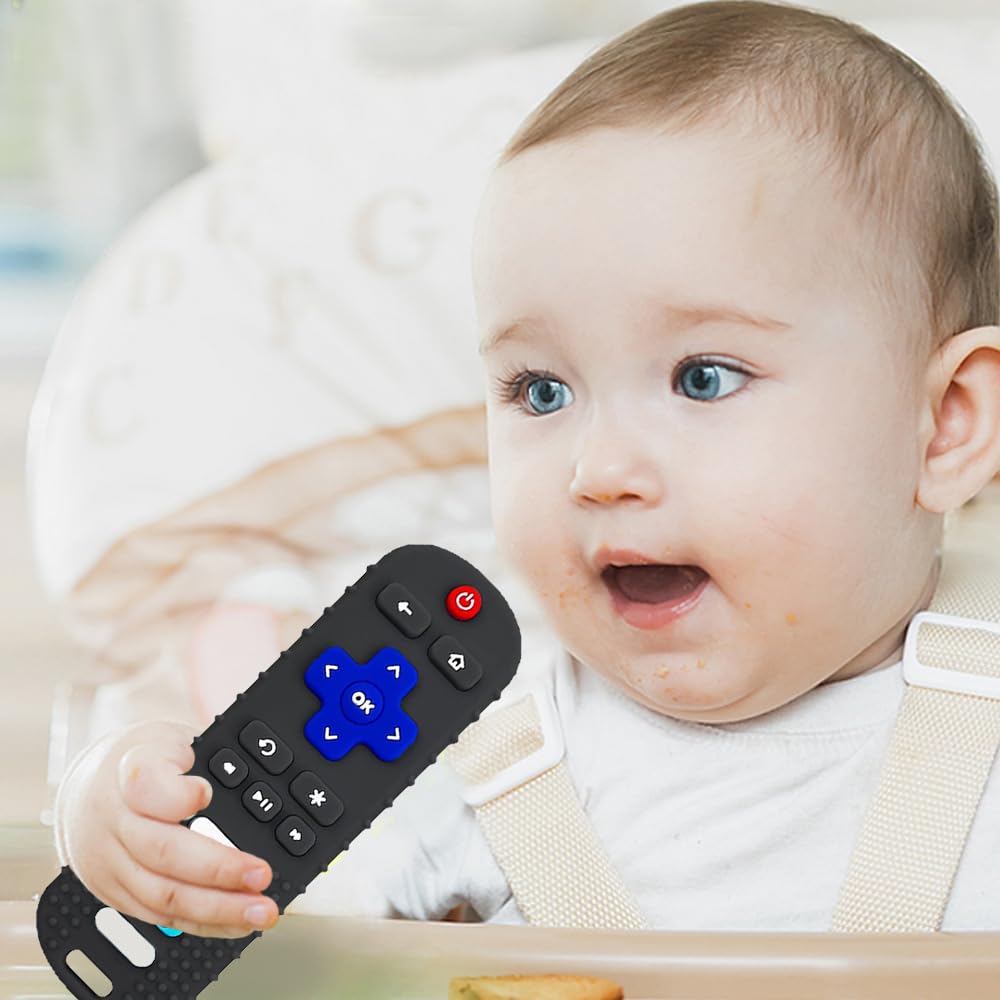 Baby Teether Toy, TV Remote Control Shape Teething Baby Toys for Infants, Baby Chew Remote Teether Toys for Babies 3-24 Months,BPA Free(Black+Grey)