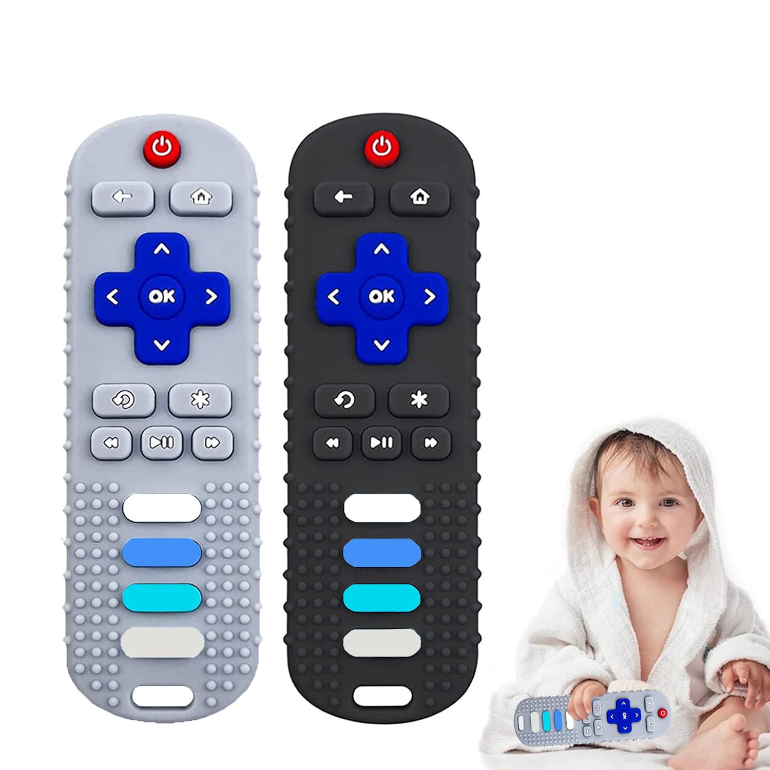 Baby Teether Toy, TV Remote Control Shape Teething Baby Toys for Infants, Baby Chew Remote Teether Toys for Babies 3-24 Months,BPA Free(Black+Grey)