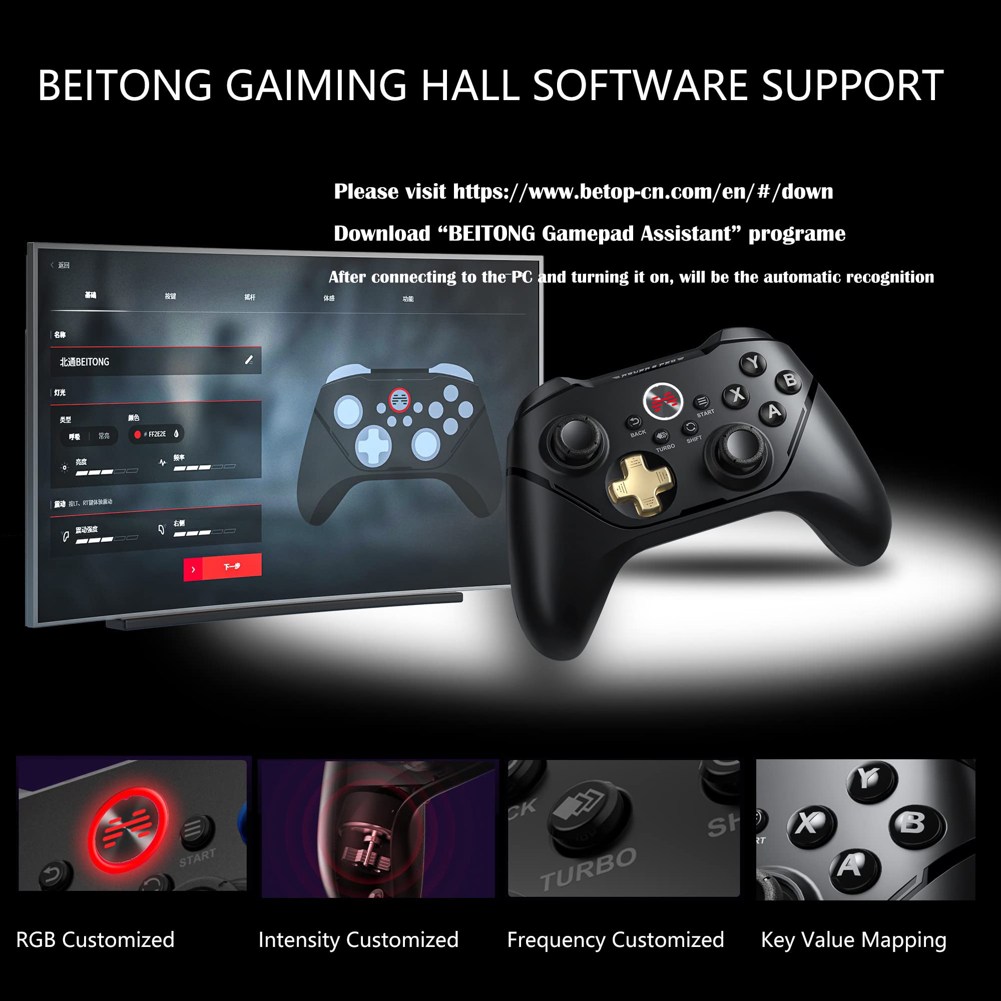 BEITONG Asura 2 Pro PC Game Controller Wireless Gamepad Joystick Hall Effect Trigger For Windows 7 8 10 11,Android TV,Steam,Tesla,Simulator,with Programmable M Buttons (Black Gold)