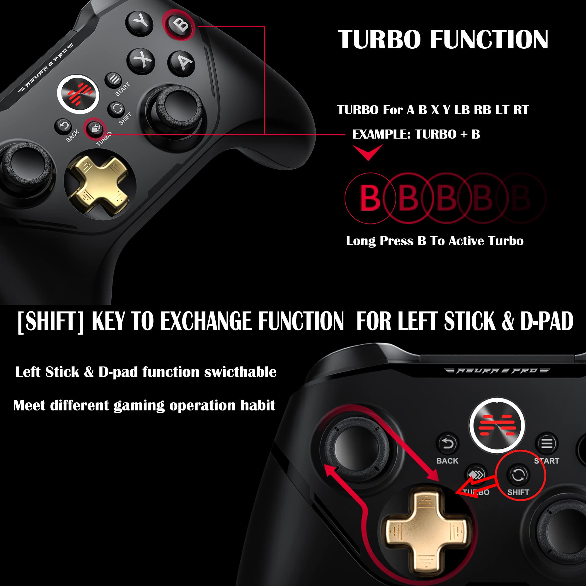 BEITONG Asura 2 Pro PC Game Controller Wireless Gamepad Joystick Hall Effect Trigger For Windows 7 8 10 11,Android TV,Steam,Tesla,Simulator,with Programmable M Buttons (Black Gold)