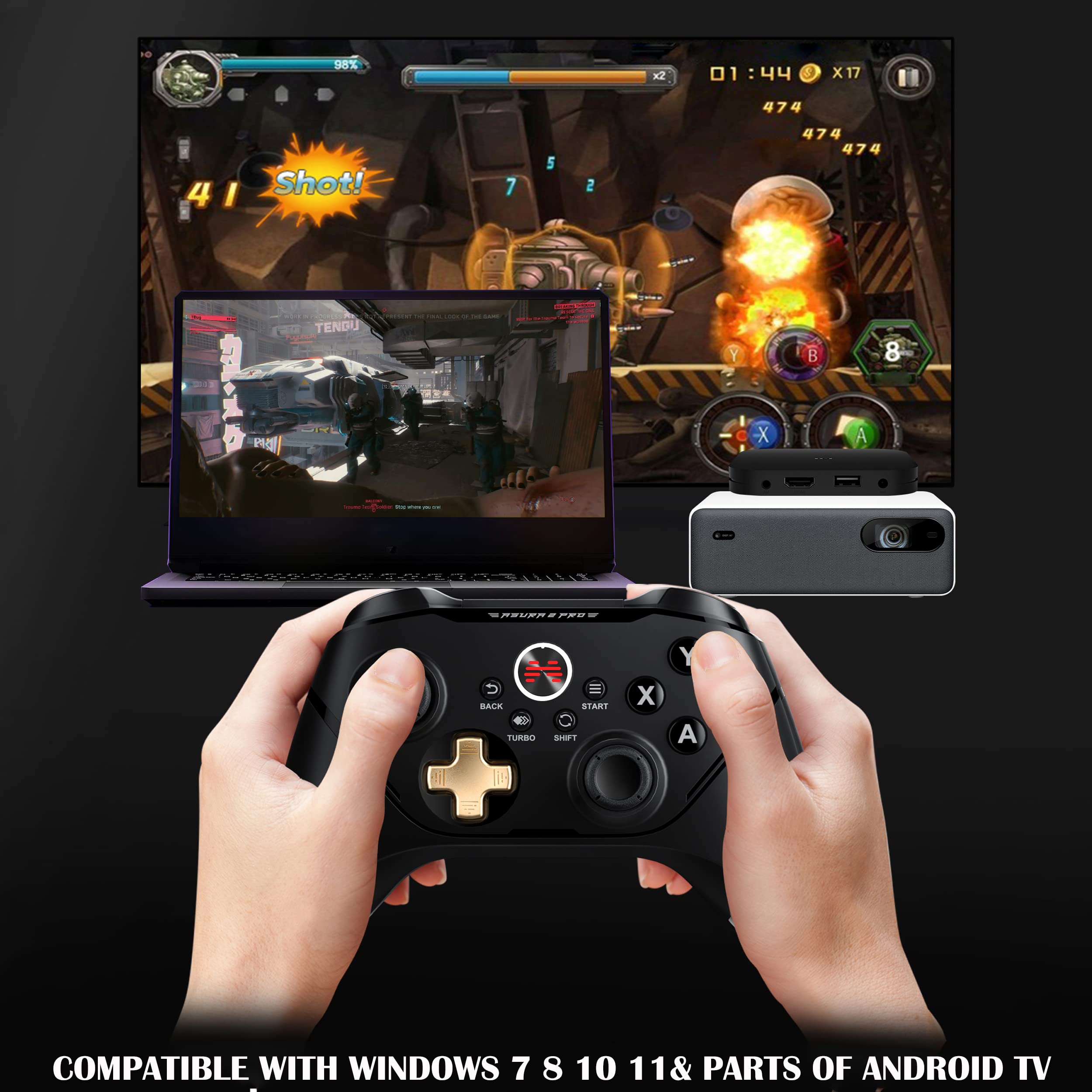 BEITONG Asura 2 Pro PC Game Controller Wireless Gamepad Joystick Hall Effect Trigger For Windows 7 8 10 11,Android TV,Steam,Tesla,Simulator,with Programmable M Buttons (Black Gold)