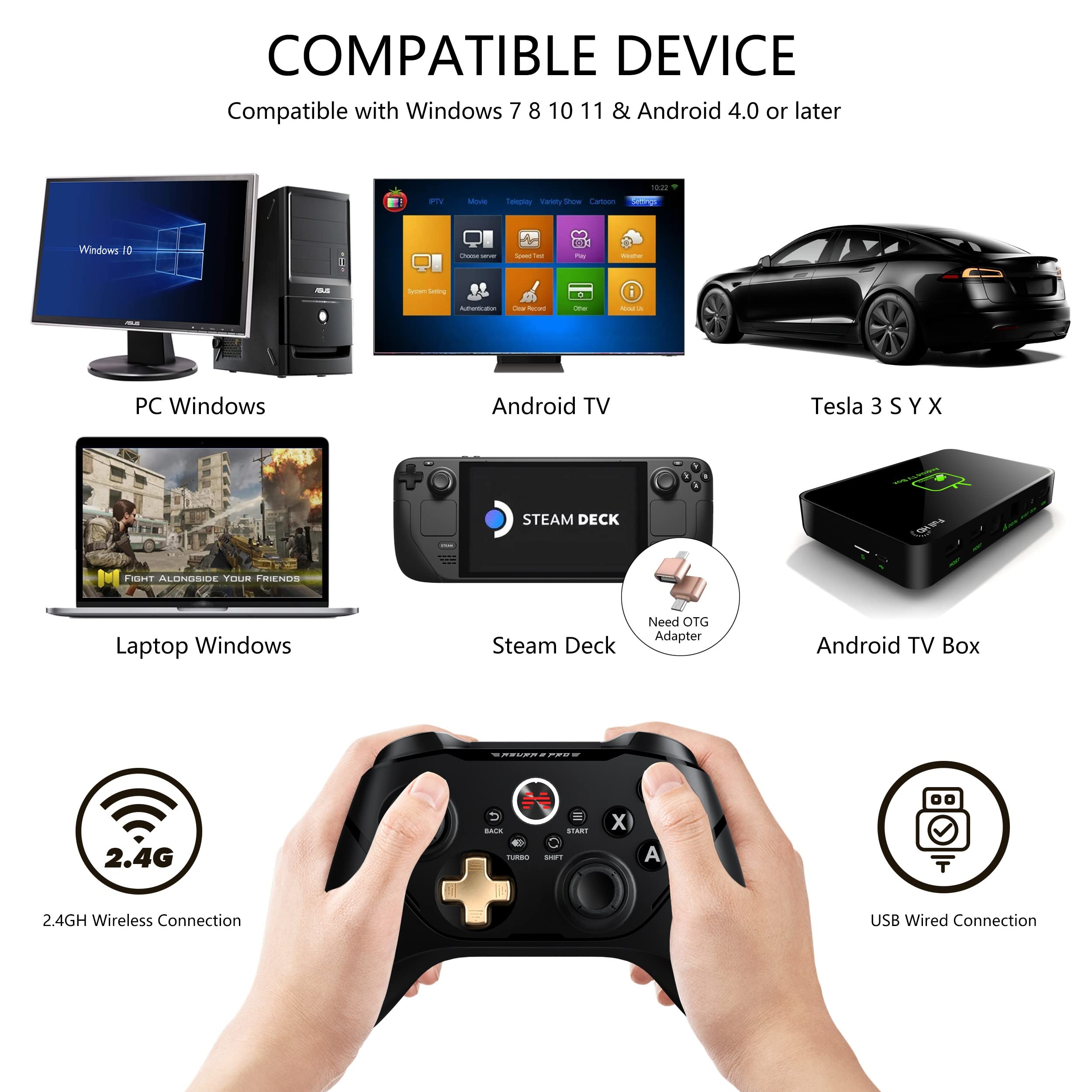 BEITONG Asura 2 Pro PC Game Controller Wireless Gamepad Joystick Hall Effect Trigger For Windows 7 8 10 11,Android TV,Steam,Tesla,Simulator,with Programmable M Buttons (Black Gold)