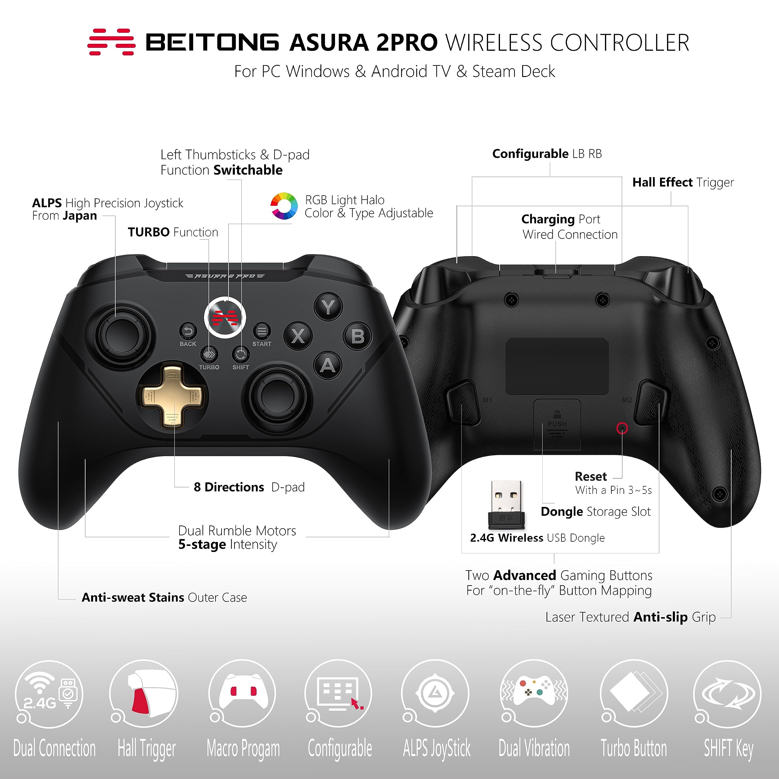 BEITONG Asura 2 Pro PC Game Controller Wireless Gamepad Joystick Hall Effect Trigger For Windows 7 8 10 11,Android TV,Steam,Tesla,Simulator,with Programmable M Buttons (Black Gold)