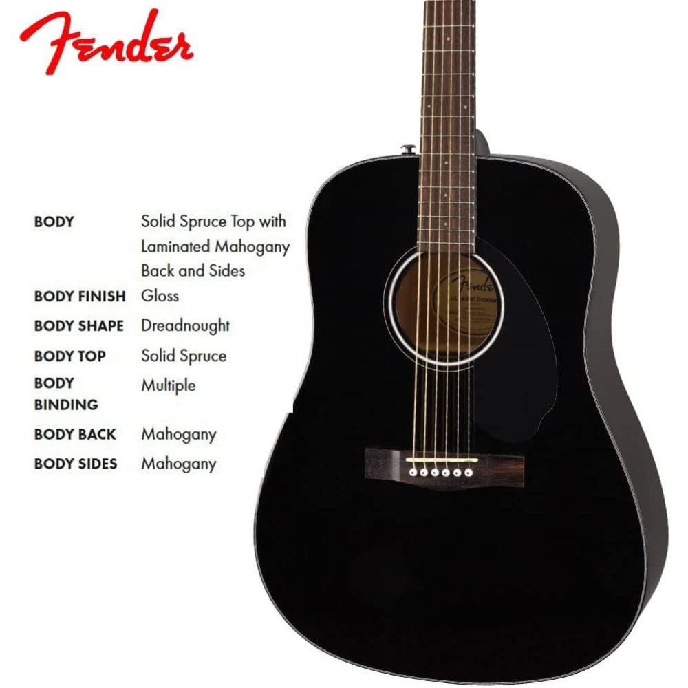 Fender CD-60S Dreadnought Acoustic Guitar (Walnut Fingerboard, Black) Bundle with Fender Classic Celluloid Guitar Medium 12-Pack Picks 351 Shape and Fender 2" Guitar Straps