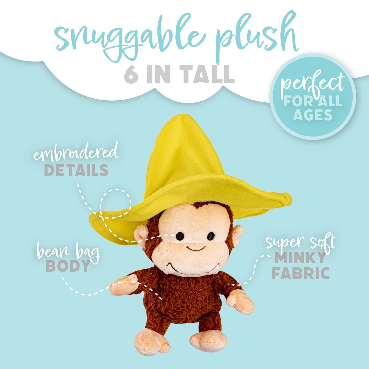 KIDS PREFERRED Curious George Cuteeze Monkey Stuffed Animal Plush Yellow Hat Toys Soft Cuddle Plushie Gifts for Baby and Toddler Boys and Girls - 7 Inches