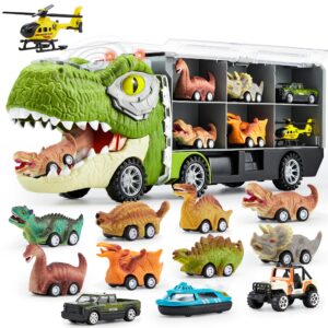 JOYIN 31PCS Dinasaur Toy Set, with 12 Pull Back Dinosaur Car Vehicles, 1 Toy Dinosaur Transport Carrier Truck with Music and Roaring Sound, 18 Piece Pull Back City Cars and Trucks Toy Vehicle