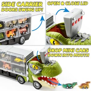 JOYIN 31PCS Dinasaur Toy Set, with 12 Pull Back Dinosaur Car Vehicles, 1 Toy Dinosaur Transport Carrier Truck with Music and Roaring Sound, 18 Piece Pull Back City Cars and Trucks Toy Vehicle