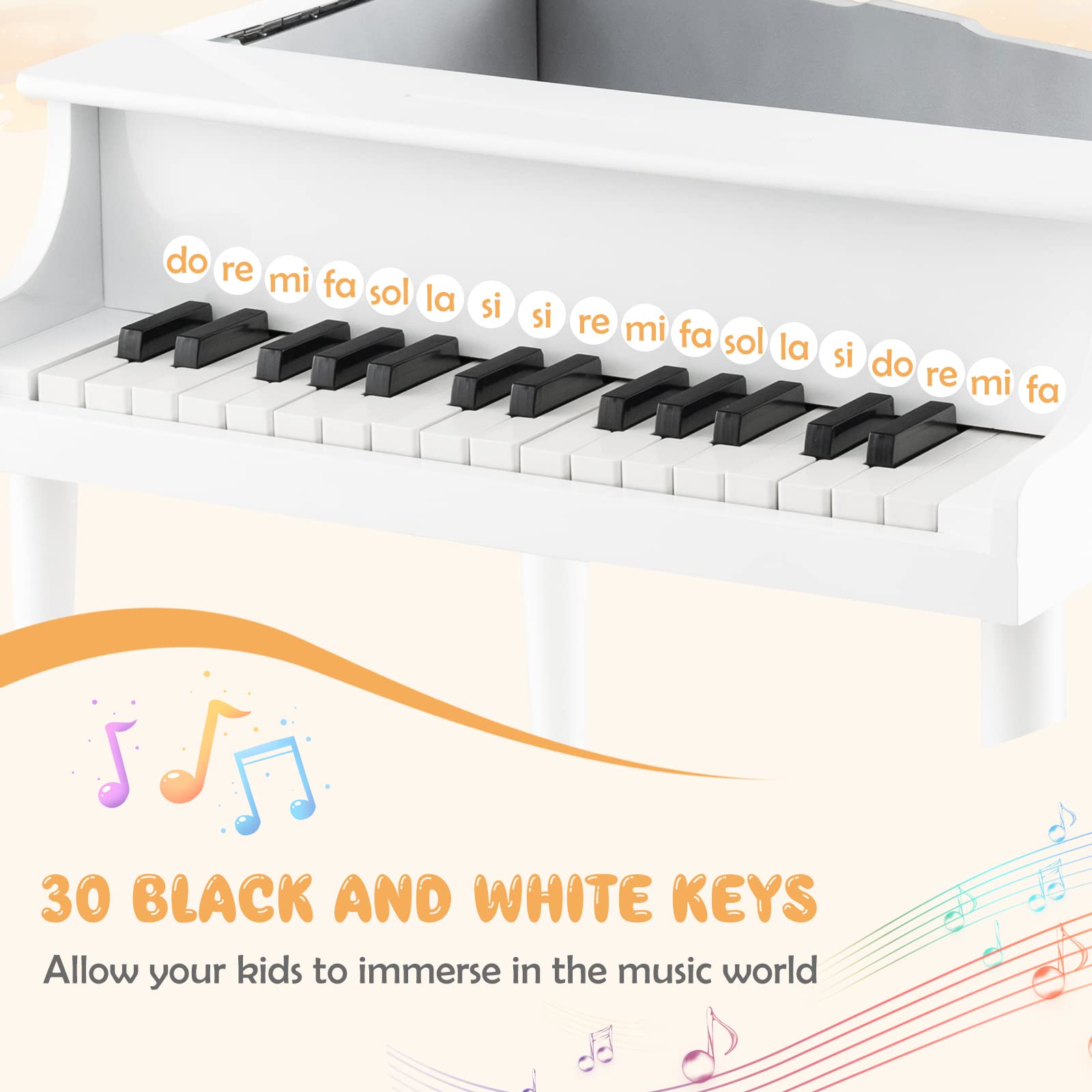 Goplus 30-Key Classical Kids Piano, Mini Grand Piano Wooden Learn-to-Play Musical Instrument Toy with Bench, Piano Lid, Music Rack, Gift for Boys Girls Aged 2+ Baby Tollder(4 Straight Leg-White)