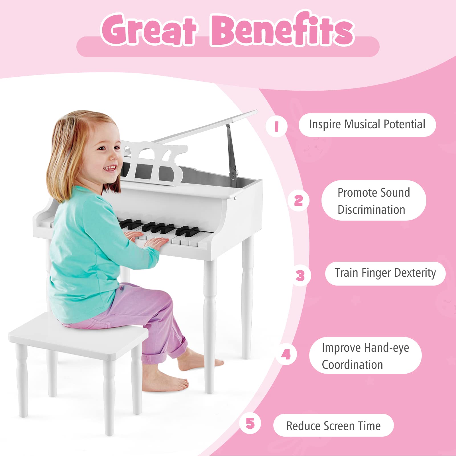 Costzon Classical Kids Piano, 30 Keys Wood Toy Grand Piano with Music Stand and Bench, Mini Musical Toy for Child, Ideal for Children's Room, Toy Room, Best Gifts (4 Straight Leg, White)