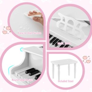 Costzon Classical Kids Piano, 30 Keys Wood Toy Grand Piano with Music Stand and Bench, Mini Musical Toy for Child, Ideal for Children's Room, Toy Room, Best Gifts (4 Straight Leg, White)