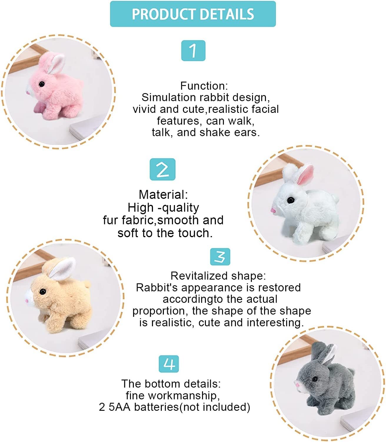 Bunny Toys Educational Interactive Toys Bunnies Can Walk and Talk, 2023 New Easter Plush Stuffed Bunny Toy Walking Rabbit Educational Toys for Kids, Bunny Toys Hopping, Wiggle Ears, Sounds (White)