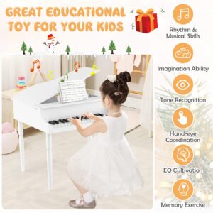 Goplus 30-Key Classical Kids Piano, Mini Grand Piano Wooden Learn-to-Play Musical Instrument Toy with Bench, Piano Lid, Music Rack, Gift for Boys Girls Aged 2+ Baby Tollder(4 Straight Leg-White)