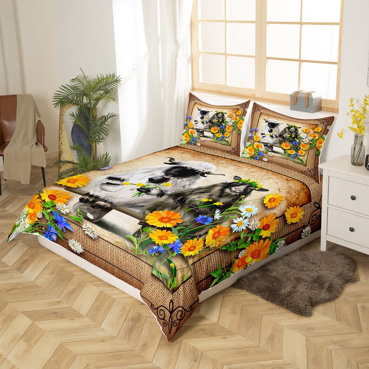 Sheep Print Duvet Cover Set Full Size Farmhouse Style Rustic Animal Comforter Cover for Kids Farm Plants Sunflower Chic Home Bedding Quilt Cover 3 Pieces with 2 Pillowcases