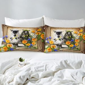 Sheep Print Duvet Cover Set Full Size Farmhouse Style Rustic Animal Comforter Cover for Kids Farm Plants Sunflower Chic Home Bedding Quilt Cover 3 Pieces with 2 Pillowcases