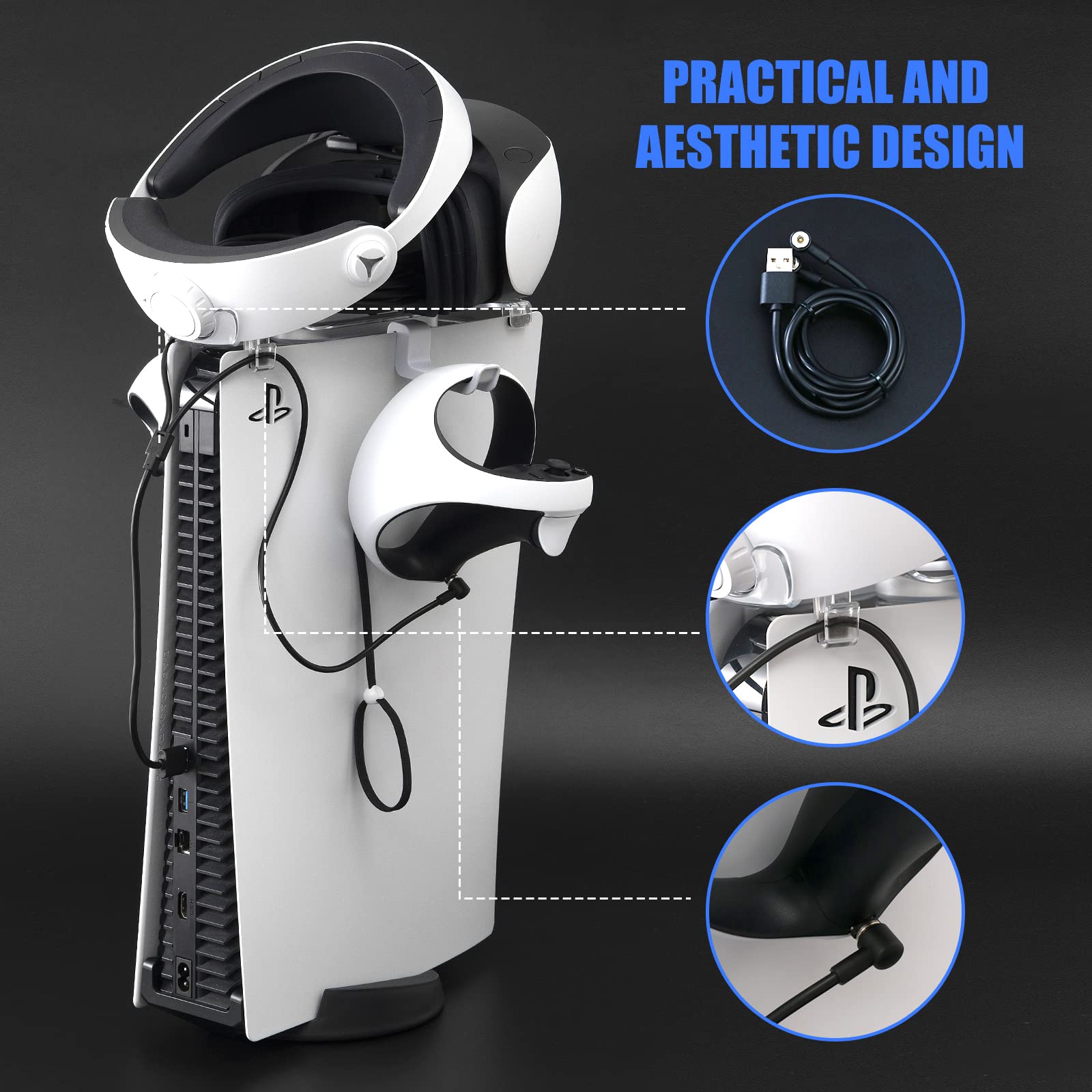 PS VR2 Headset Stand with Controller Hook and Fast Charging Cable - All-in-One PS VR2 Accessories with Magnetic Suction Head - 4 in 1 Kit