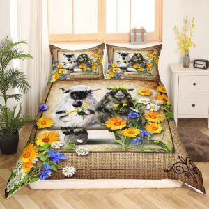 Sheep Print Duvet Cover Set Full Size Farmhouse Style Rustic Animal Comforter Cover for Kids Farm Plants Sunflower Chic Home Bedding Quilt Cover 3 Pieces with 2 Pillowcases