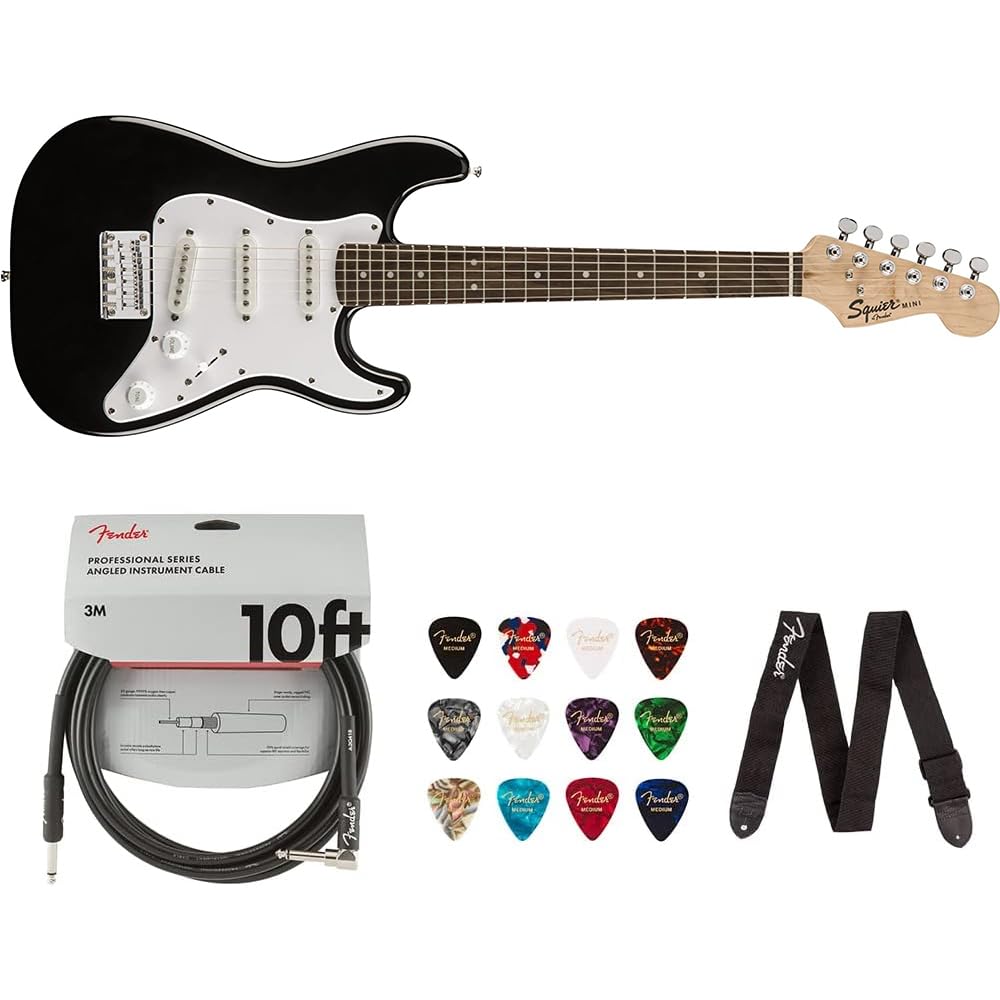 Squier Mini Stratocaster Electric Guitar (Indian Laurel Fingerboard, Black) Bundle with Fender 10ft Cable (Straight/Straight), Fender Guitar 12-Pack Picks, and Fender 2" Guitar Straps