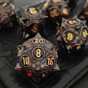 AHDKEJG Metal DND Dice Set 7pcs D&D Dungeons and Dragons Gifts Polyhedral Giant Dice MTG D and D RPG Role Playing Pathfinder Table Games Accessories D20 D12 D10 D% D8 D6 D4-Black Gold Blood Dot