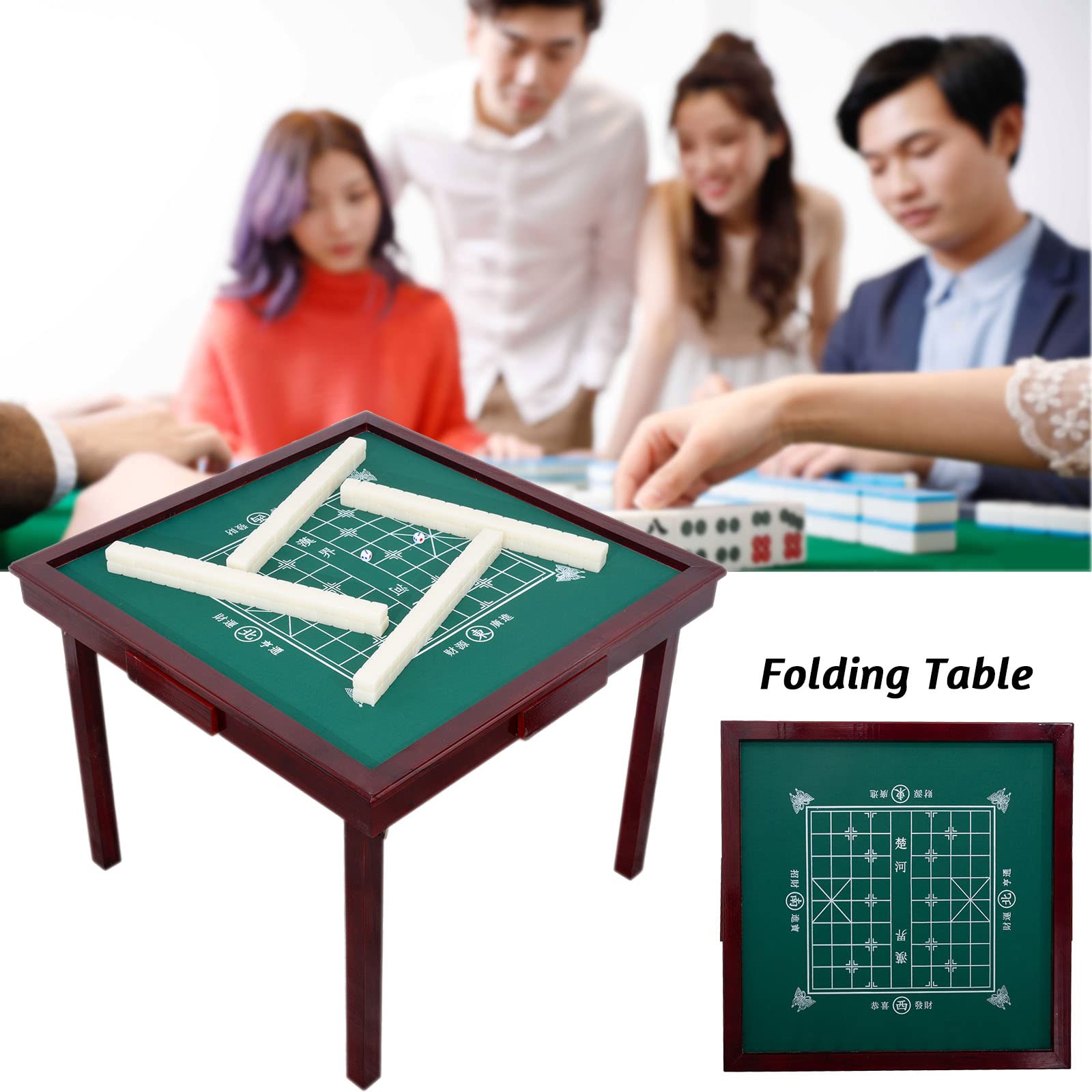 MJTABLE Wooden Mahjong Table, 35" Folding Square Card Tables, Wear-Resistant Nylon Desktop, Board Game Domino Table, Poker Cards, Mahjong, Board Games