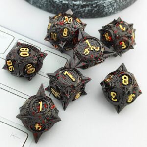 AHDKEJG Metal DND Dice Set 7pcs D&D Dungeons and Dragons Gifts Polyhedral Giant Dice MTG D and D RPG Role Playing Pathfinder Table Games Accessories D20 D12 D10 D% D8 D6 D4-Black Gold Blood Dot