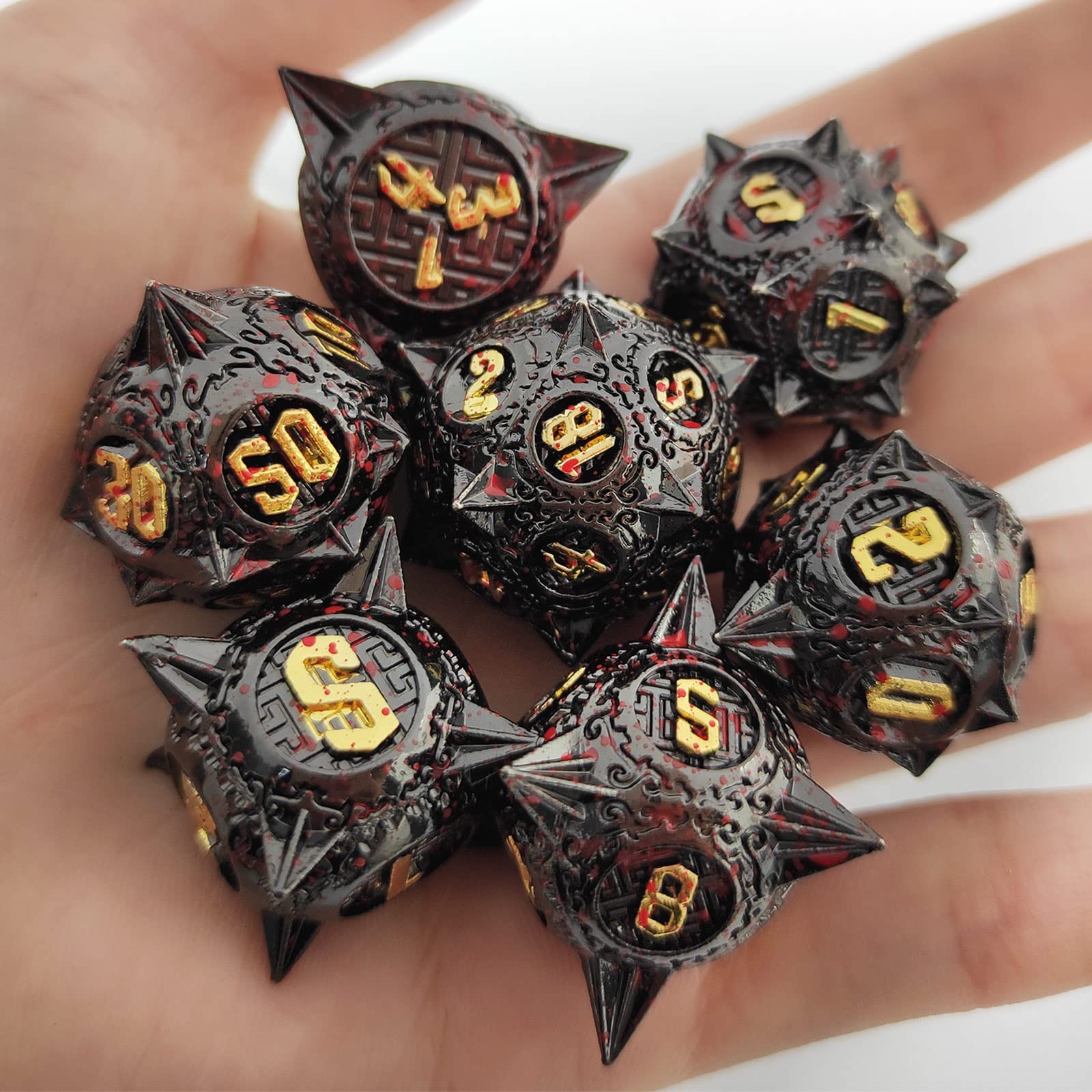 AHDKEJG Metal DND Dice Set 7pcs D&D Dungeons and Dragons Gifts Polyhedral Giant Dice MTG D and D RPG Role Playing Pathfinder Table Games Accessories D20 D12 D10 D% D8 D6 D4-Black Gold Blood Dot