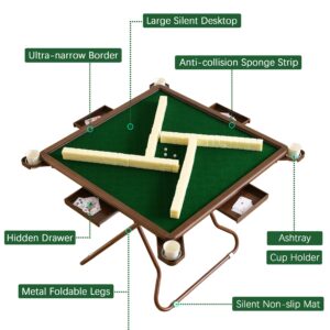 MJTABLE Mahjong Table, 35" Card Tables Folding Square with 4 Cup Holders & 4 Drawers for 4 People, Wear-Resistant Desktop Majiang Table for Poker Cards, Mahjong, Board Games