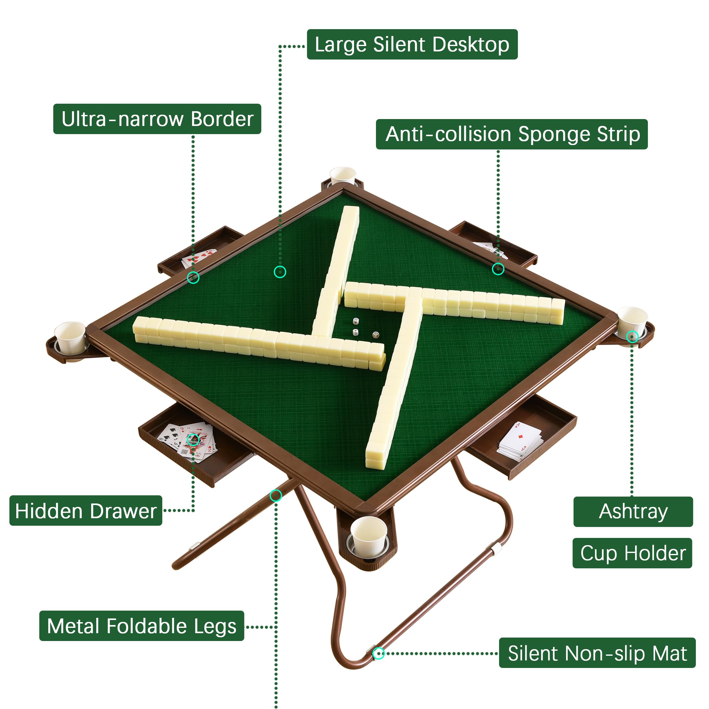 MJTABLE Mahjong Table, 35" Card Tables Folding Square with 4 Cup Holders & 4 Drawers for 4 People, Wear-Resistant Desktop Majiang Table for Poker Cards, Mahjong, Board Games